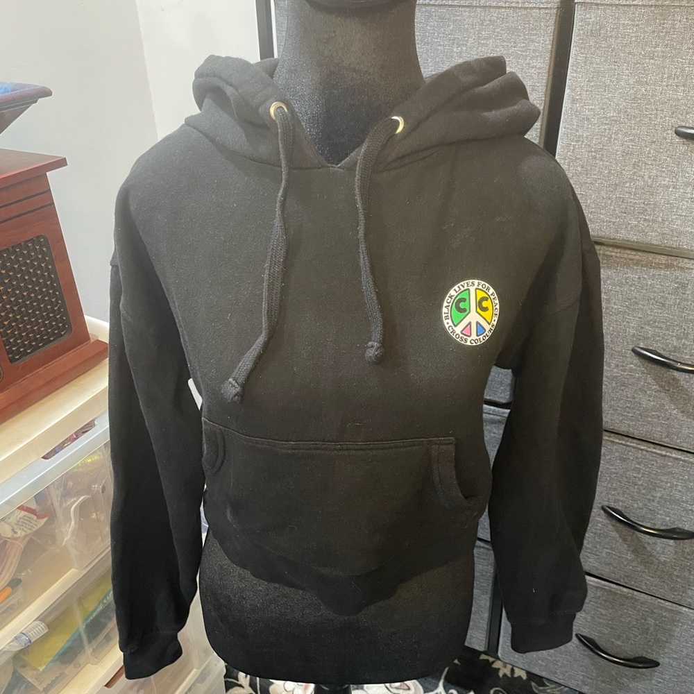 Cross Colors Black Cropped Hoodie Sweatshirt with Peace Logo